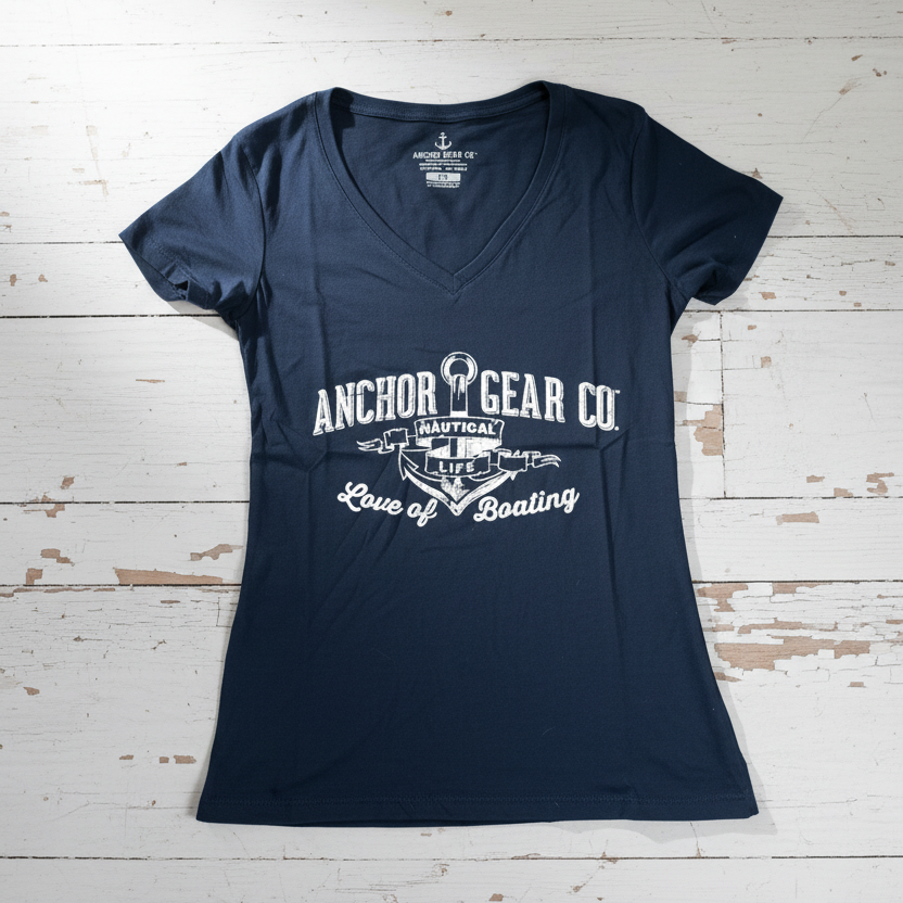A navy blue fitted women's t-shirt with a v-neck, featuring a white graphic print of an anchor and text, displayed on a wooden surface.