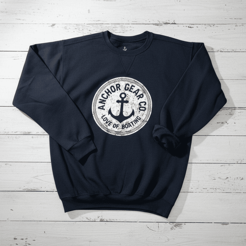 A navy and white crewneck sweatshirt with a bold anchor design on a white background.