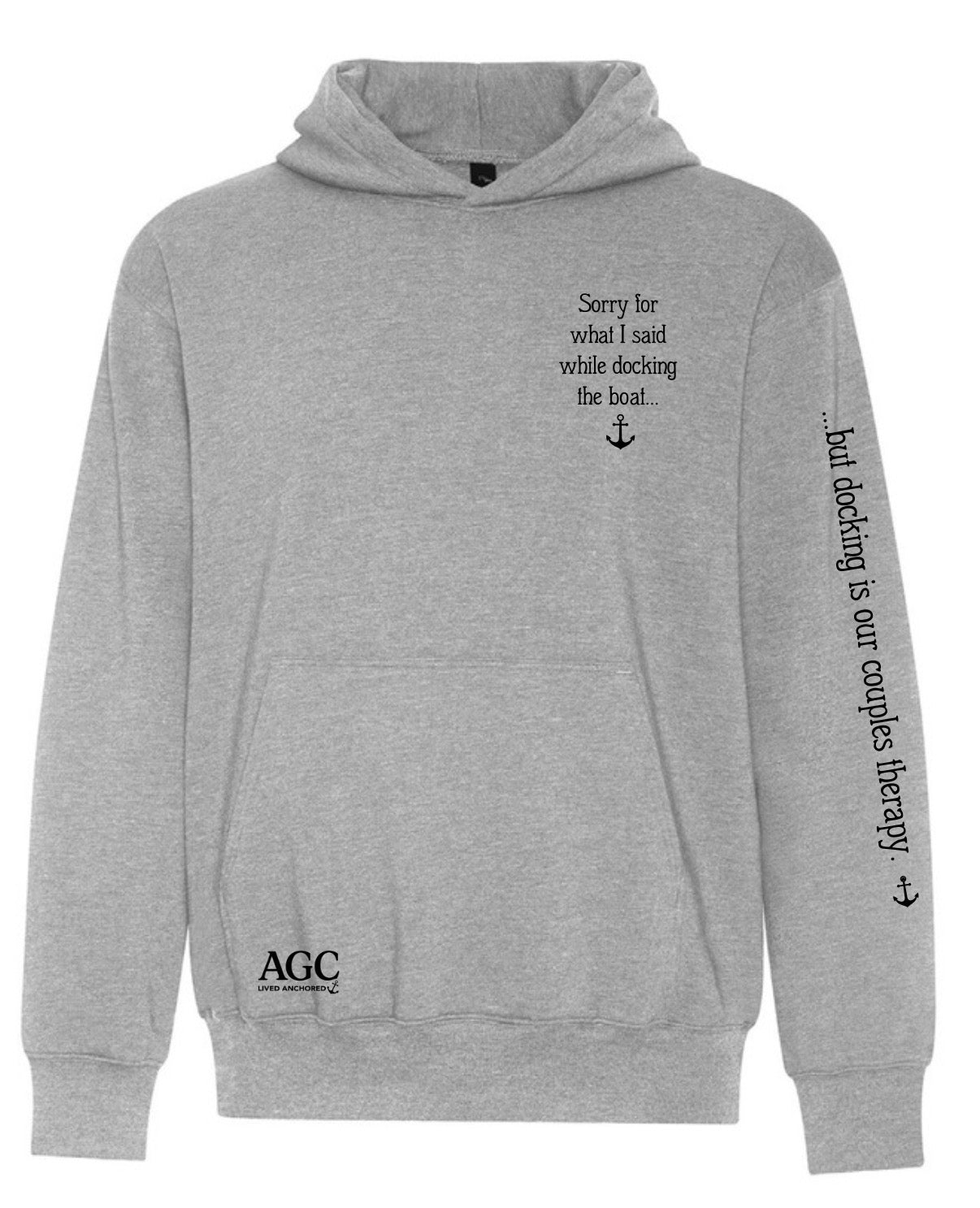 Gray hoodie with text on a white background