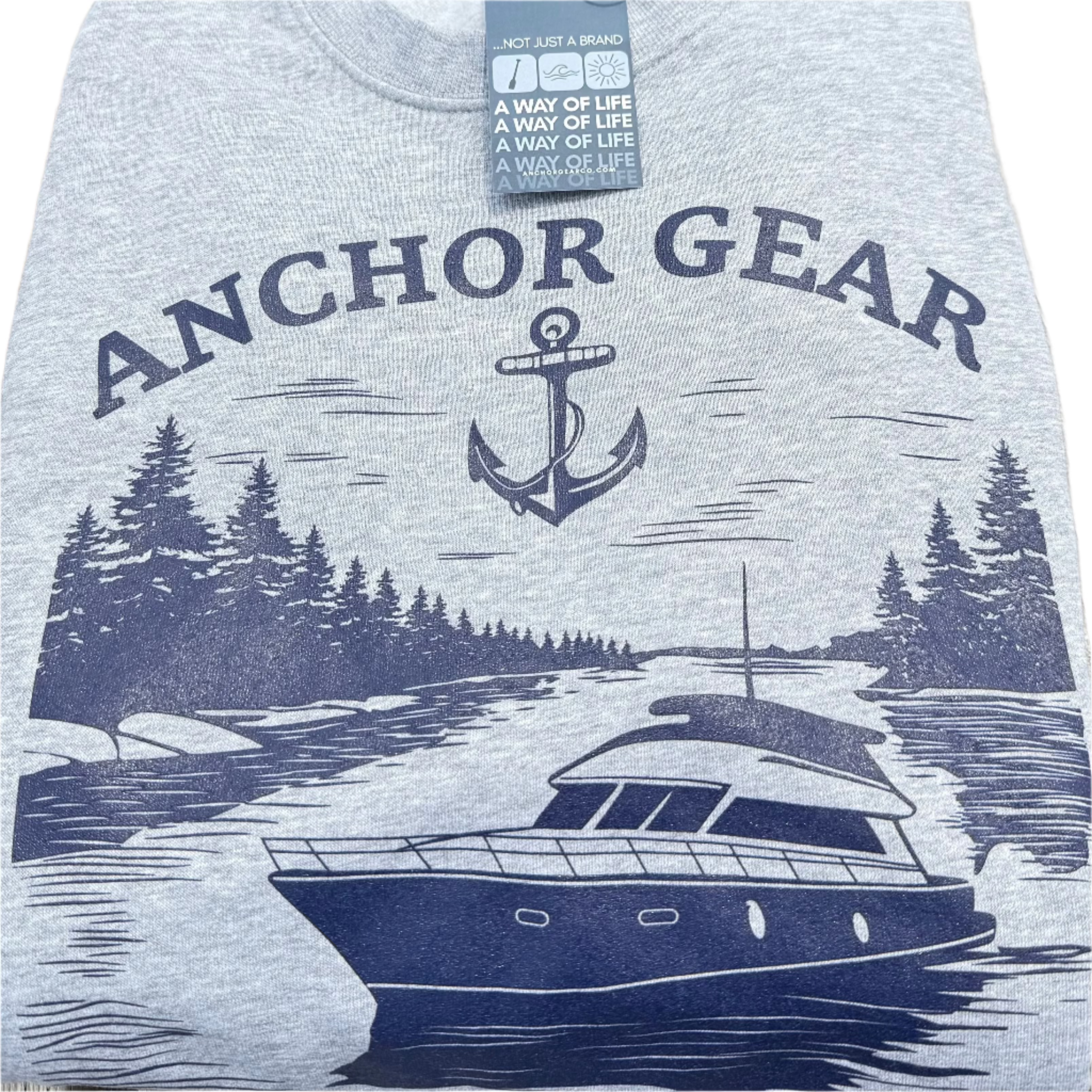 Unisex boating sweatshirt on dock with yacht scene print