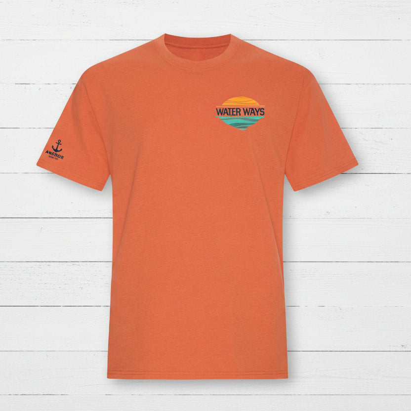 Orange t-shirt with 'Water Ways' logo on a white background