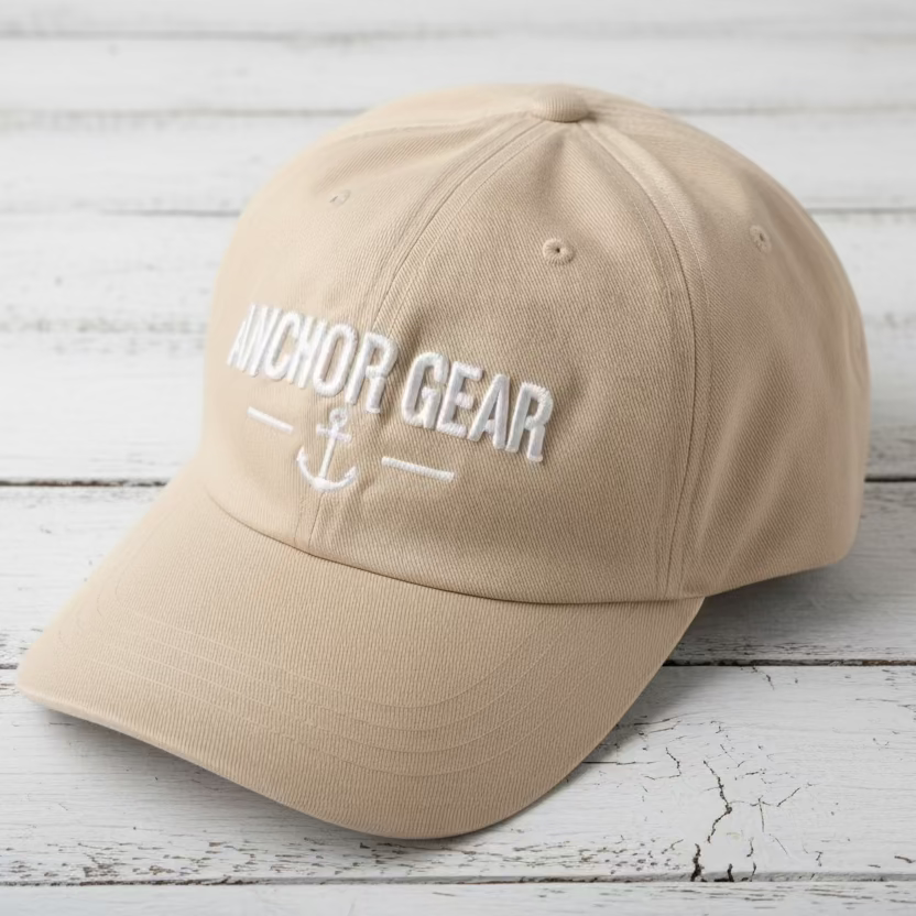 Beige cap with 'Anchor Gear' text on a light wooden surface