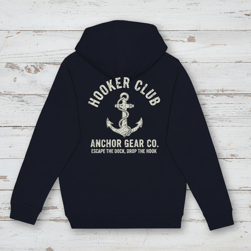Black hoodie with 'Hooker Club Anchor Gear Co.' text and anchor design on the back against a white background