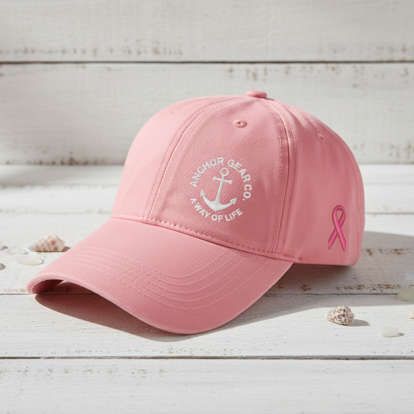 Two pink caps displaying the Anchor Gear logo and a cancer ribbon, one showing the front view and the other showing the back view with an adjustable strap.