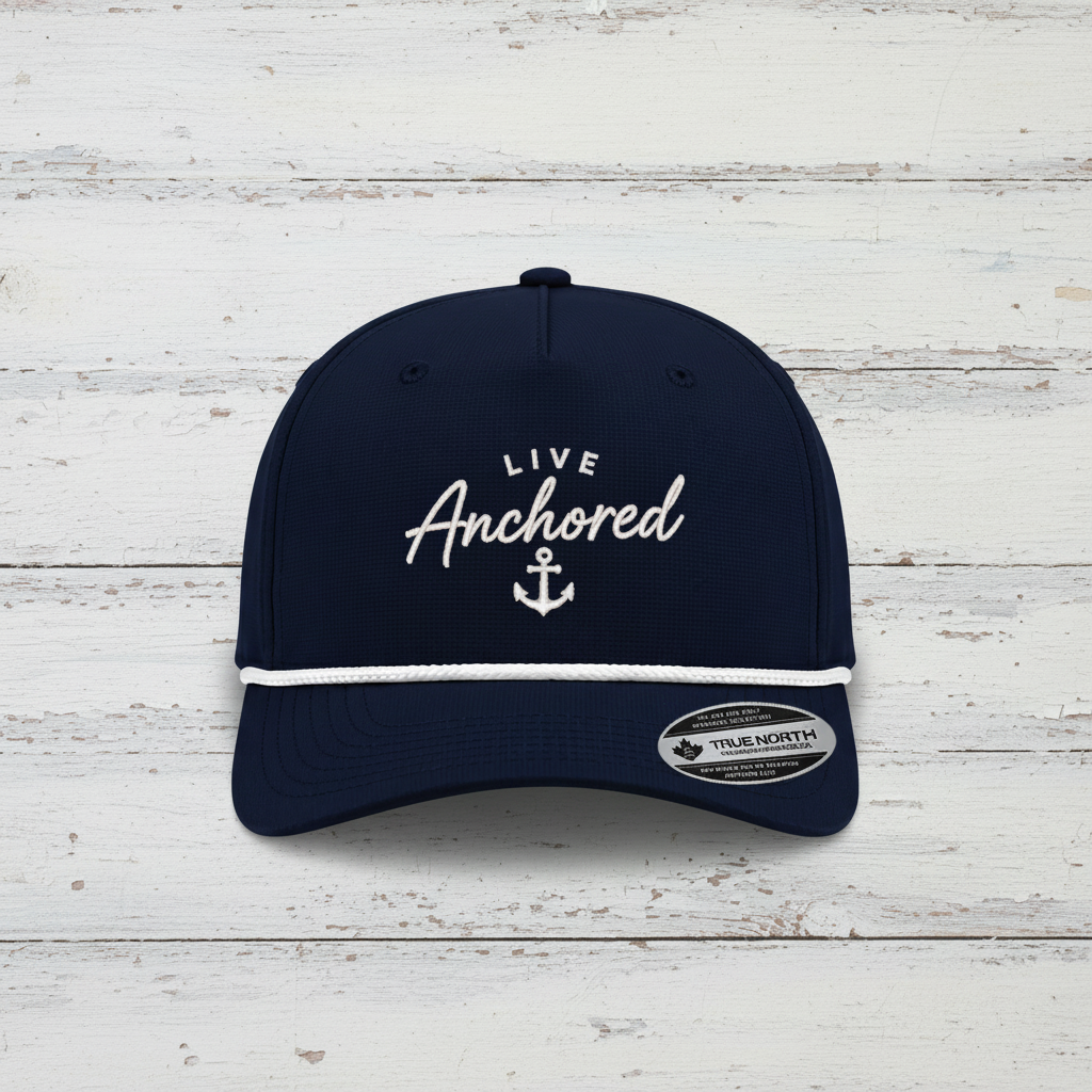 A navy blue baseball cap with white embroidered text reading 'LIVE Anchored' and an anchor graphic on the front. A white rope detail runs across the brim, and a True North sticker is visible on the side of the brim.