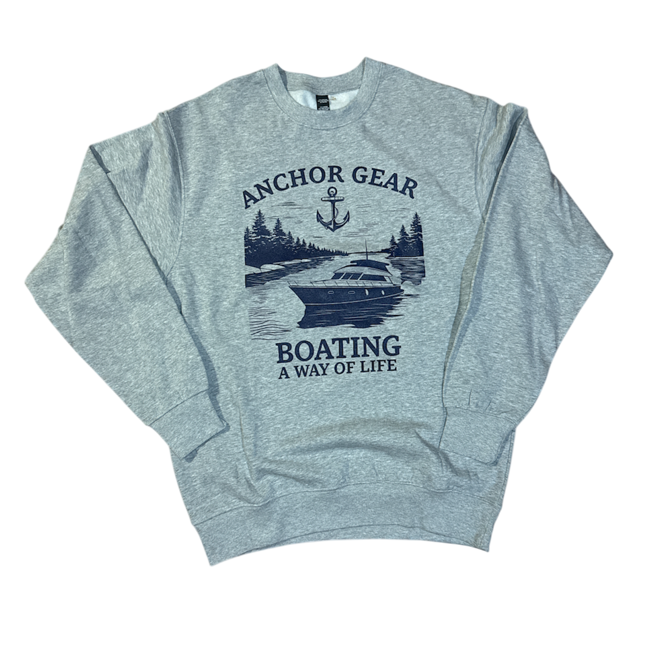 Gray sweatshirt with boating graphic and text on a white background