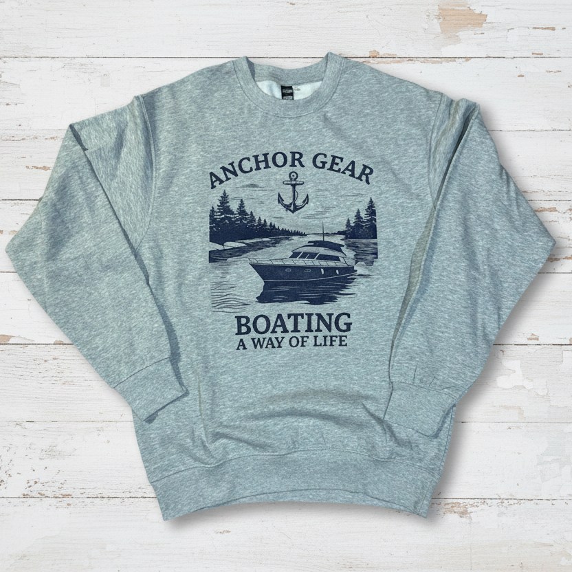 Gray sweatshirt with boating graphic and text on a white background