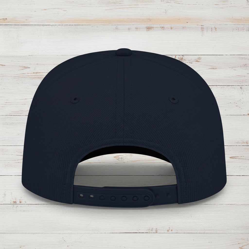 The back view of a dark navy blue baseball cap with an adjustable snapback strap, shown on a solid white background.