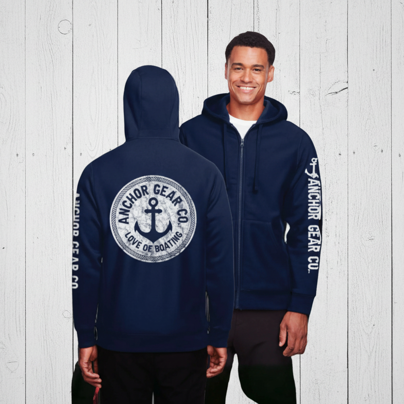 Person wearing a navy blue hoodie with 'Anchor Gear Co.' branding.