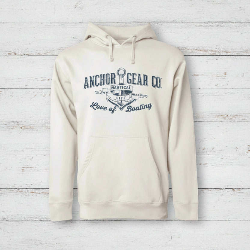 Beige hoodie with text on a white background