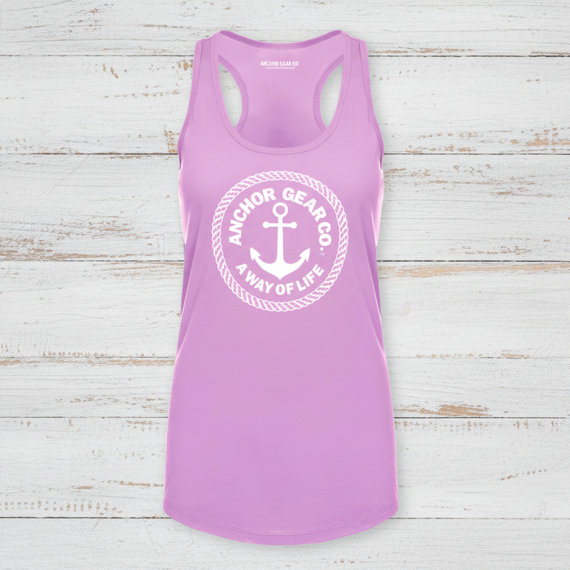 Purple tank top with white anchor logo and text on a white background