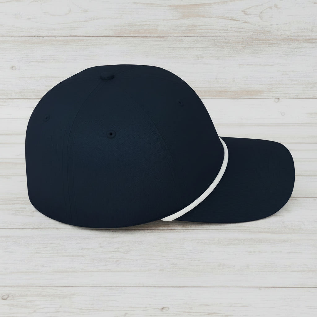 A dark navy blue baseball cap with a contrasting white stripe running along the edge of the brim, shown from a side profile view against a plain white background.